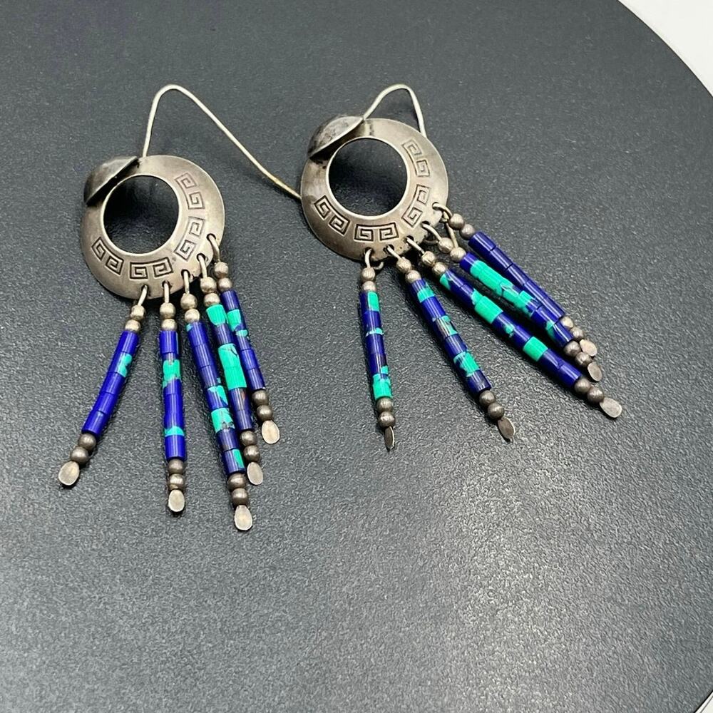 TK Emerson Navajo Native Sterling Silver Malachite Azurite Chandelier Earrings